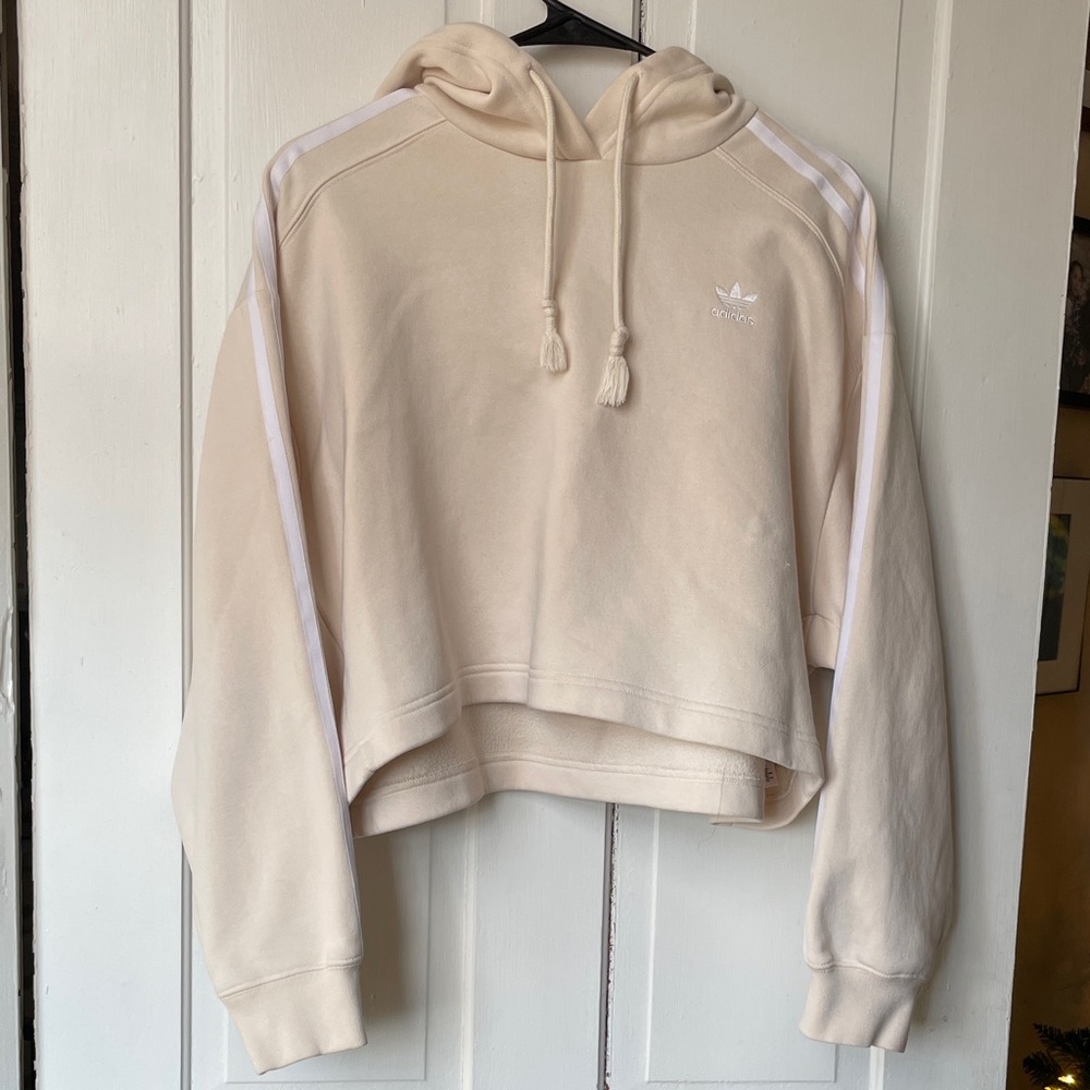 Adidas Women's Beige Hoodie with White Stripes